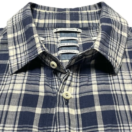 MADE IN ITALY製 JACOB COHEN 長袖コットンリネンチェックシャツ ネイビー 40/15-3/4サイズ