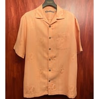 Caribbean ハイビスカス柄 モダール混アロハシャツ オレンジ Mサイズ