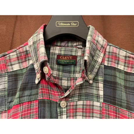MADE IN USA製 CLEVE SHIRTMAKERS 半袖パッチワークボタンダウンシャツ レッド×グリーン XSサイズ