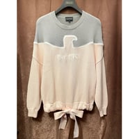 EMPORIO ARMANI リボン付きクルーネックコットンセーター グレー×ピンク 40サイズ