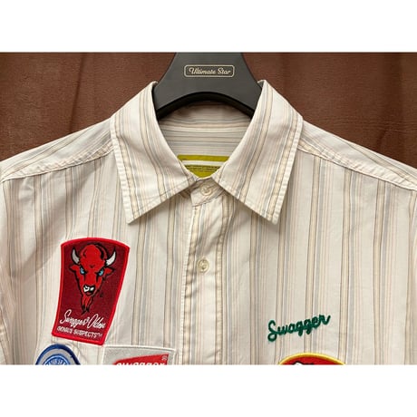 MADE IN JAPAN製 SWAGGER ワッペン付き 長袖ストライプシャツ ホワイト Lサイズ