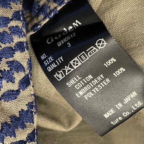 MADE IN JAPAN製 Godem 半袖刺繍開襟シャツ カーキ×ネイビー 3サイズ