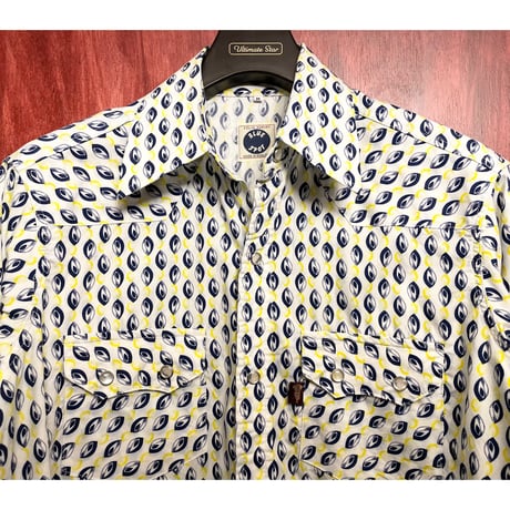 MADE IN ENGLAND製 80s～90s COLIN HARVEY BLUE SPOT 総柄長袖ウエスタンシャツ ホワイト Mサイズ