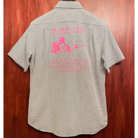 MADE IN JAPAN製 XLARGE × DiSNEY MICKEY MOUSE バックプリント入り ストライプ柄半袖シャツ ネイビー×ホワイト Mサイズ