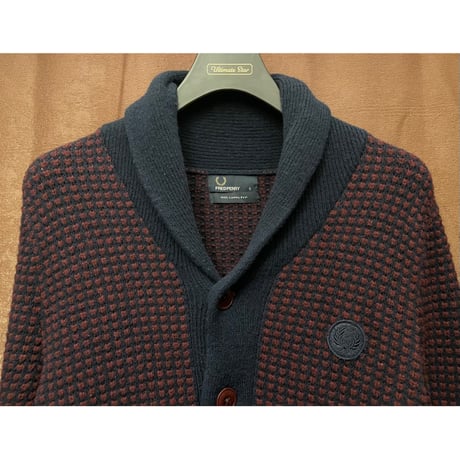 FRED PERRY ショールカラーラムウールカーディガン ネイビー×エンジ Sサイズ
