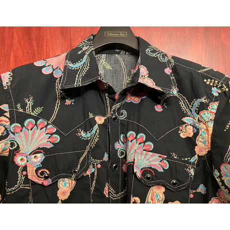 AN JEANSTATION ボタニカルペイズリー柄 半袖ウエスタンシャツ ブラック Lサイズ