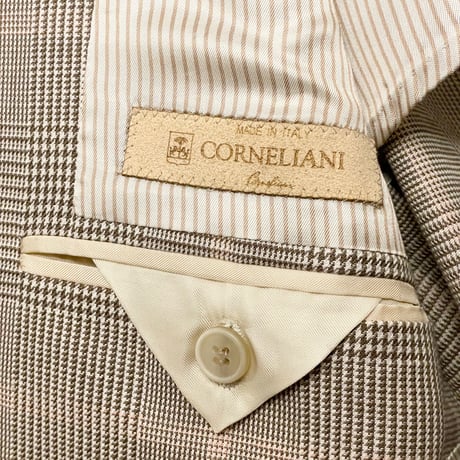 MADE IN ITALY製 CORNELIANI 千鳥格子チェック柄リネンコットンテーラードジャケット ベージュ×ピンク 52サイズ