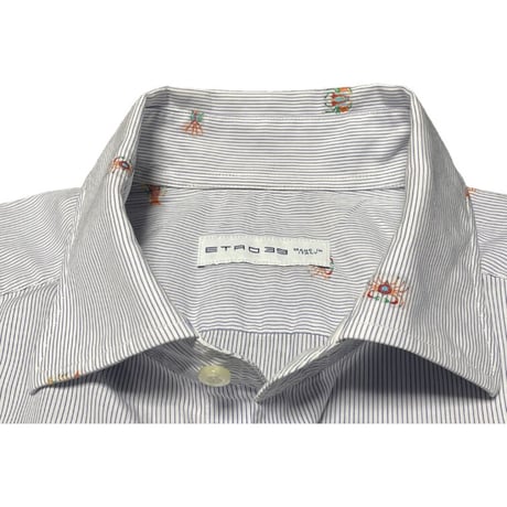 MADE IN ITALY製 ETRO 甲殻類刺繍入り長袖ストライプシャツ ブルー 39サイズ