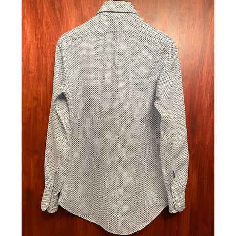 HAND MADE IN ITALY製 CAMICERIA VINCENZO DI RUGGIERO ハンドメイド 総柄 長袖リネンシャツ ホワイト×ブルー Sサイズ