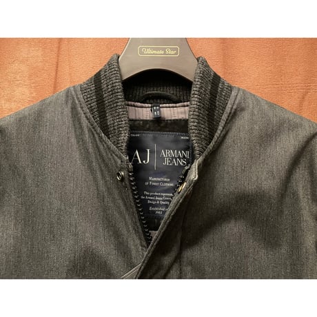 タグ付き ARMANI JEANS ラムレザーコンビスタジアムジャケット チャコールグレー×ブラック 46サイズ