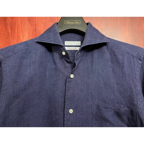 MADE IN JAPAN製 BARNEYS NEWYORK Cotonificio Albini 生地 長袖リネンシャツ ネイビー Sサイズ