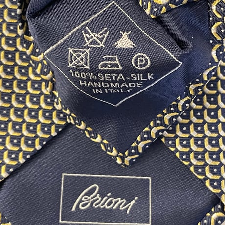 MADE IN ITALY製 Brioni HANDMADE ジャガード織り総柄シルクネクタイ ネイビー×イエロー
