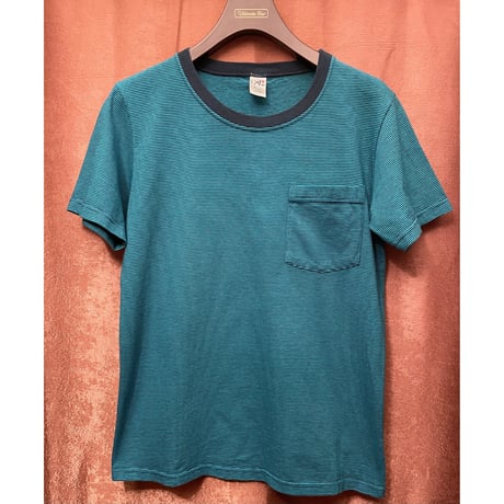 MADE IN USA製 Cal Cru ポケット付きクルーネックボーダーTシャツ グリーン×ネイビー Sサイズ