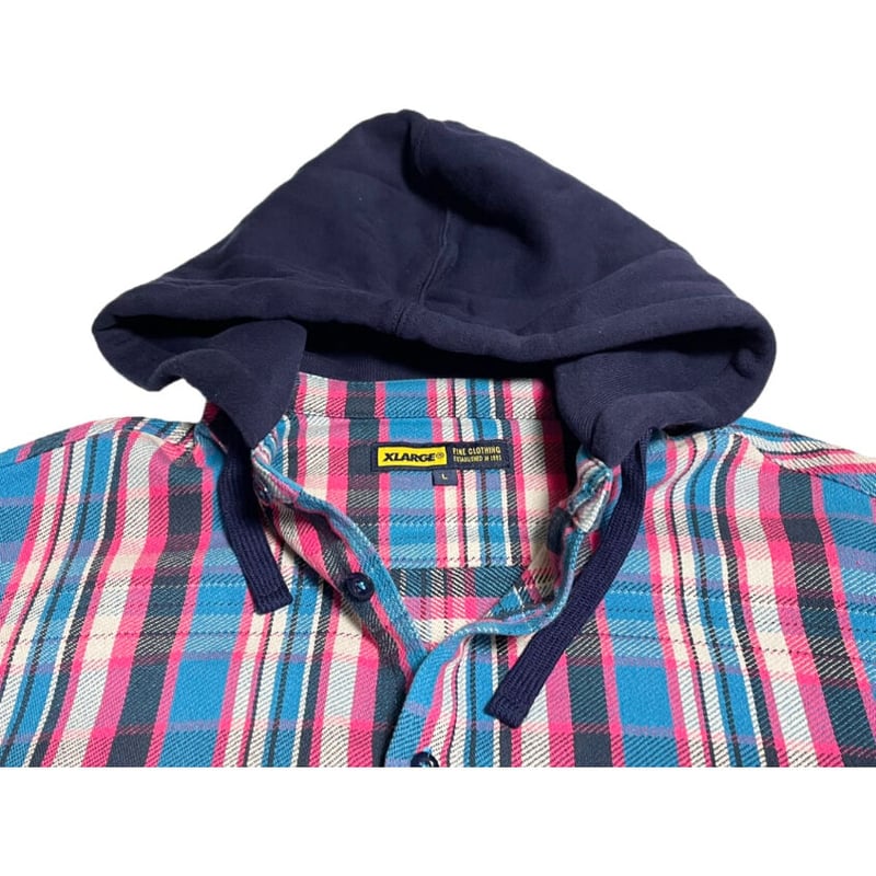 XLARGE フード付きチェック柄ネルシャツ ピンク×ブルー Lサイズ XLARGE フード付きチェック柄ネルシャツ ピンク×ブルー Lサイズ