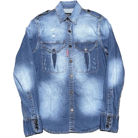 MADE IN ITALY製 DSQUARED2 ダメージ加工デニムシャツ ライトインディゴ 46サイズ