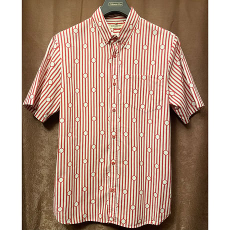 MADE IN PORTUGAL製 LEVI'S MADE & CRAFTED 半袖ストライプドット柄ボタンダウンシャツ レッド×ホワイト 1サイズ
