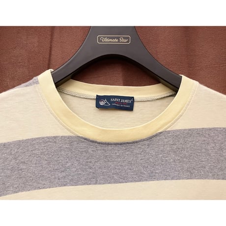 MADE IN FRANCE製 SAINT JAMES ボーダー柄 クルーネックTシャツ ベビーイエロー×グレー MLサイズ