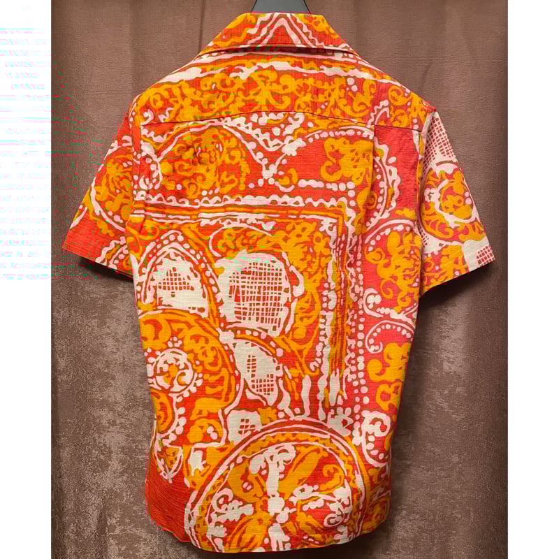 レア MADE IN HAWAII製 Malihini 半袖総柄アロハシャツ オレンジ