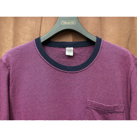 MADE IN USA製 Cal Cru ポケット付きクルーネックボーダーTシャツ ピンク×ネイビー Mサイズ