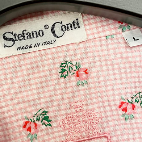 MADE IN ITALY製 Stefano Conti 花柄半袖ギンガムチェックシャツ ピンク Lサイズ