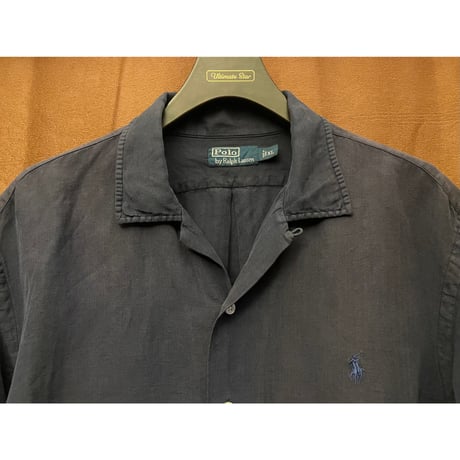 希少 Polo by Ralph Lauren シャドーヘリンボーン柄リネンシルク開襟シャツ ネイビー XLサイズ