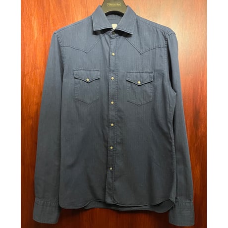 CIT LUXURY シャドーヘリンボーン柄長袖ウエスタンシャツ ネイビー 39-15 1/2サイズ