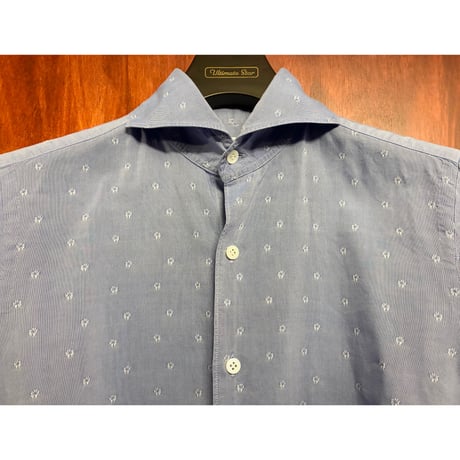 【BARNEYS NEWYORK 取り扱い】 MADE IN ITALY製 Finamore 小紋柄 長袖シャンブレーシャツ サックスブルー Sサイズ