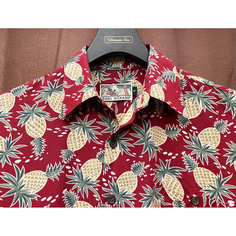 MADE IN HAWAII製 TORI RICHARD 半袖パイナップル柄アロハシャツ エンジ Sサイズ