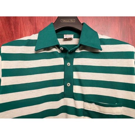 MADE IN USA製 70s~80s MUNSINGWEAR grand slam ボーダー柄 ポケット付き半袖ニットポロシャツ グリーン×ホワイト Mサイズ