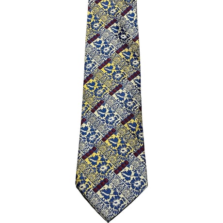 MADE IN ITALY製 GIANCARLO CECCONI ジャガード織り総柄シルクネクタイ ブルー×イエロー