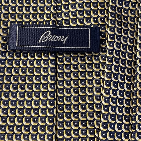 MADE IN ITALY製 Brioni HANDMADE ジャガード織り総柄シルクネクタイ ネイビー×イエロー