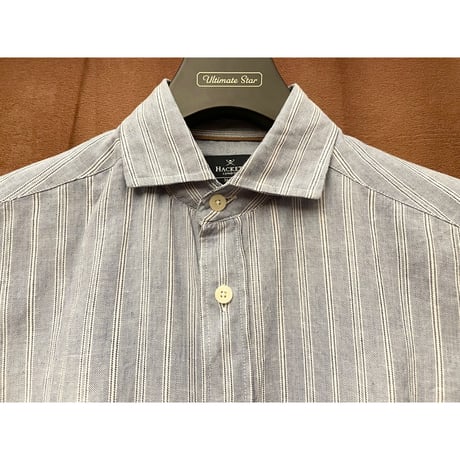 MADE IN PORTUGAL製 HACKETT LONDON 長袖ストライプコットンリネンシャツ スカイブルー Sサイズ