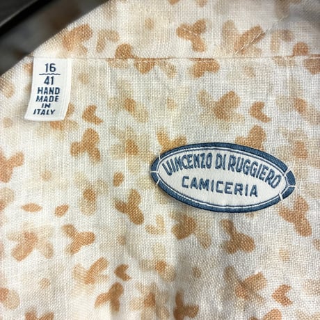 HAND MADE IN ITALY製 CAMICERIA VINCENZO DI RUGGIERO ハンドメイド 総柄 長袖リネンシャツ ホワイト 41-16サイズ