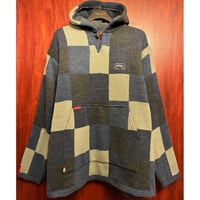 MADE IN KOREA製 ECKO UNLTD. ブロックチェック柄 プルオーバーニットパーカー ネイビー XLサイズ