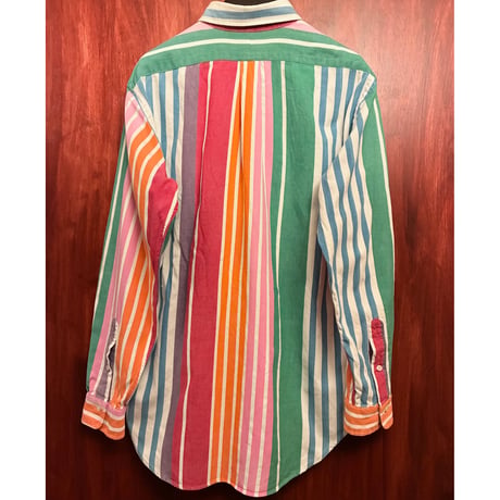 レア MADE IN CANADA製 90s Polo by Ralph Lauren 外タグ クレイジーカラー ストライプ柄 長袖ボタンダウンシャツ マルチカラー Lサイズ
