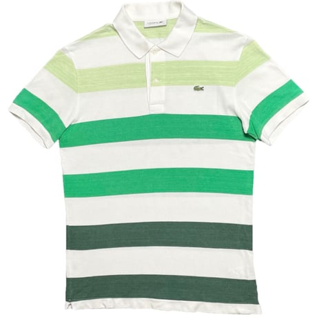 MADE IN JAPAN製 LACOSTE グラデーションボーダー柄半袖鹿の子ポロシャツ グリーン×ホワイト 3/Sサイズ