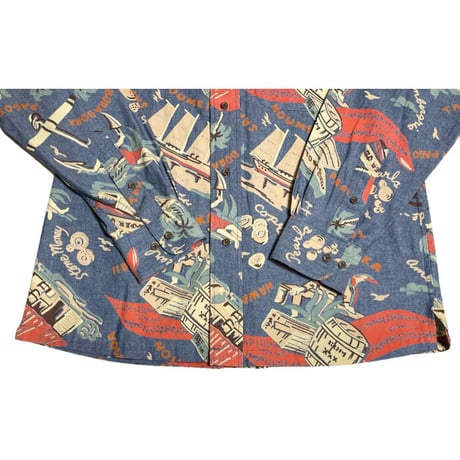 MADE IN JAPAN製 SUN SURF 長袖アロハシャツ インディゴ M-15~15-1/2サイズ