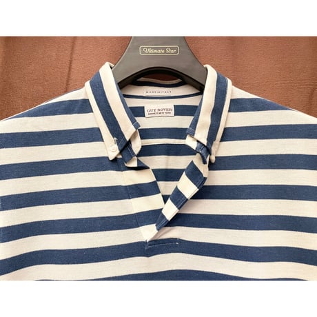 【BARNEYS NEWYORK 取り扱い】 MADE IN ITALY製 GUY ROVER ボーダー柄半袖ボタンダウン鹿の子ポロシャツ ホワイト×ブルー Sサイズ