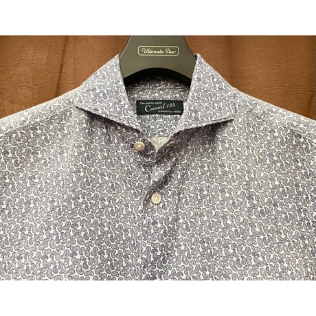 MADE IN JAPAN製 Casual 134 KAMAKURA SHIRT 長袖ペイズリー柄リネンシャツ ホワイト×ネイビー Mサイズ