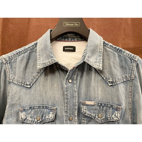 DIESEL ヴィンテージ加工長袖デニムウエスタンシャツ ライトインディゴ Lサイズ