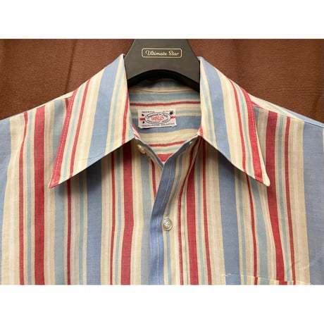 希少 MADE IN USA製 60s～70s PERMANENT PRESSタグ DONLIN 半袖ストライプ柄シャツ マルチカラー Mサイズ