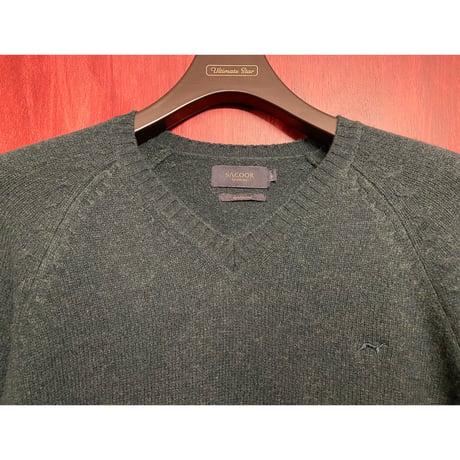 SACOOR BROTHERS Vネックウールナイロンセーター ダークグリーン Mサイズ