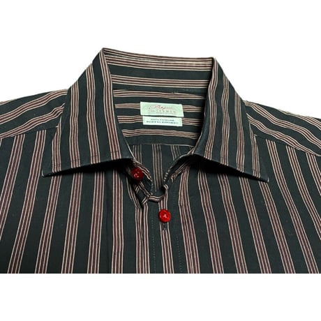 MADE IN ITALY製 Pasqui PER JUN MEN 長袖ストライプシャツ ブラック×ワイン 41-16サイズ