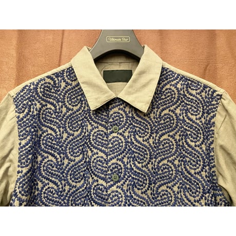 MADE IN JAPAN製 Godem 半袖刺繍開襟シャツ カーキ×ネイビー 3サイズ