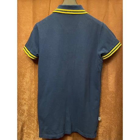 MADE IN ITALY製 FRANKLIN MARSHALL VARSITY 襟ライン半袖鹿の子ポロシャツ ネイビー×イエロー XSサイズ