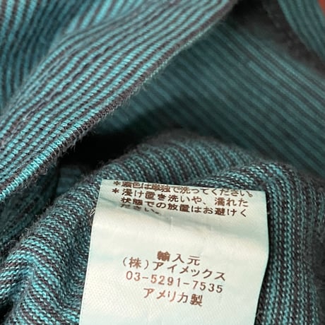 MADE IN USA製 Cal Cru ポケット付きクルーネックボーダーTシャツ グリーン×ネイビー Sサイズ