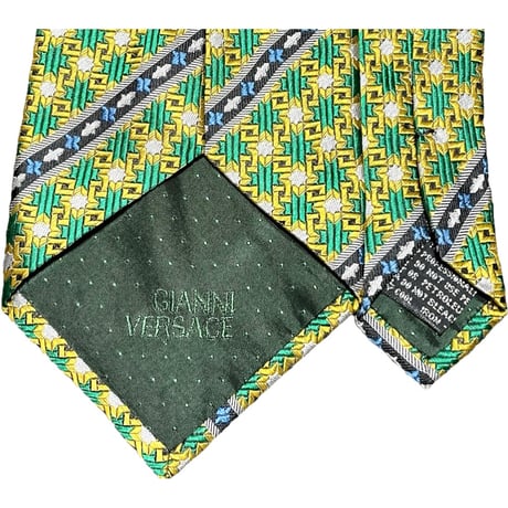 MADE IN ITALY製 GIANNI VERSACE ジャガード織りシルクネクタイ イエロ―×グリーン