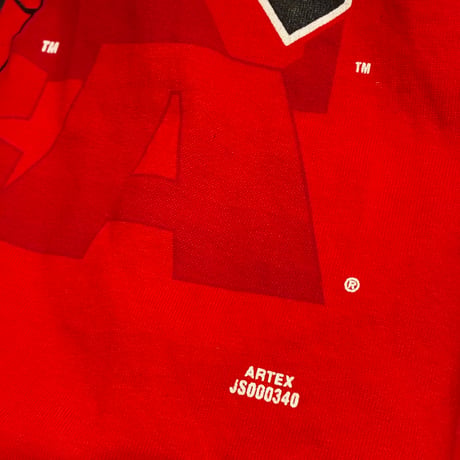 レア MADE IN USA製 90s ARTEX SPORTSWEAR × NBA CHICAGO BULLS フード付き長袖切り替えTシャツ レッド×杢グレー Lサイズ
