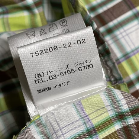 MADE IN ITALY製 ALEXANDER McQUEEN 半袖ボタンダウンチェックシャツ ライムグリーン×ブラウン 44サイズ
