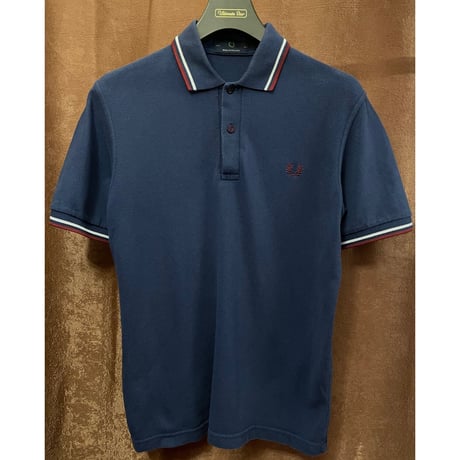 MADE IN ENGLAND製 FRED PERRY 襟ライン半袖鹿の子ポロシャツ ネイビー 36サイズ